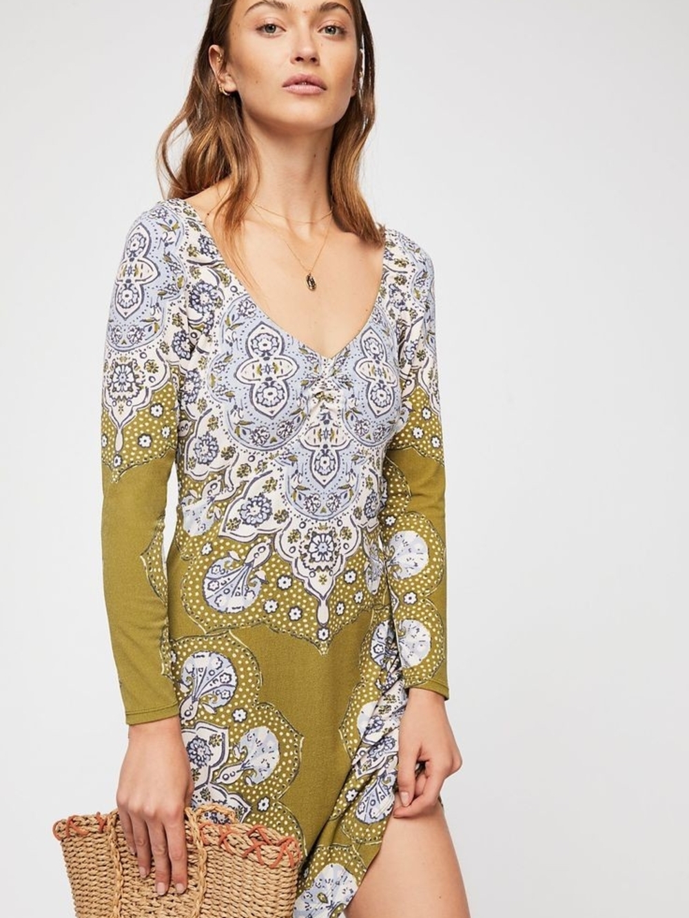 Free People Olive Green Paisley Mini Dress